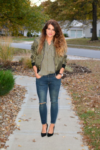 Bomber Jacket Babe., steve madden, suede, bomber jackets, boohoo, olive green, express, boyfriend shirts, destroyed denim, blank NYC, 