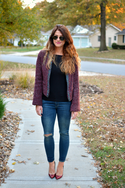 Tweed Jacket + Split Knees., destroyed denim, tweed, burgundy, fall fashion, patent pumps, pumps, ombre, 