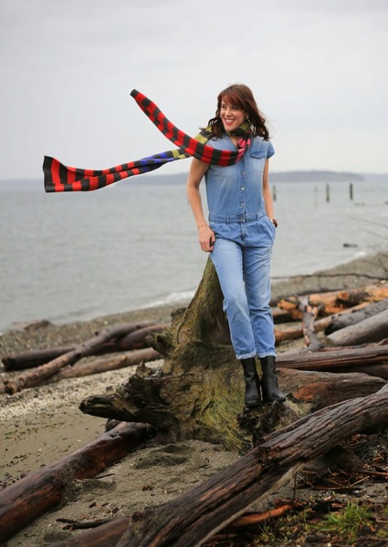 CATCHING SCARVES ON THE WIND, denim jumpsuit, extra long scarf