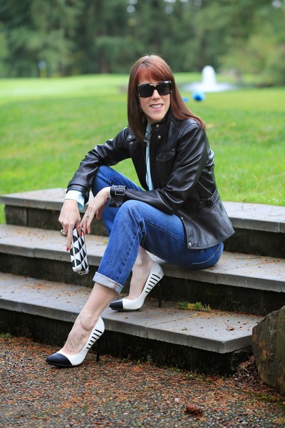 STILETTOS AND BOYFRIENDS, stilettos, pumps, peplum jacket, boyfriend jeans, leather jacket, black and white