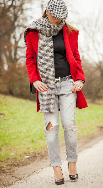 On my Way, red coat, monochrome coats, distressed jeans, houndstooth