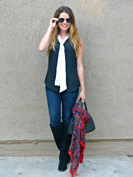 Classic, classic, chic, denim, blouse, bow, scarf, boots