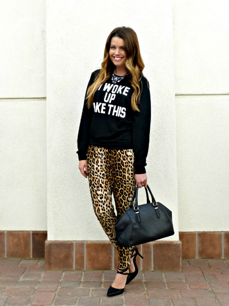 I Woke Up like This, graphic, sweatshirt, leopard, pumps, statement, necklace