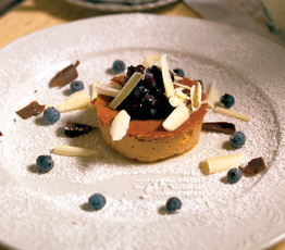 Caramel Chocolate Creme with Warm Blueberry Sauce