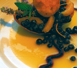 Blueberry Orange Compote with Lemonade Sauce and Cinnamon Ice Cream in a Crisp Cookie Cup