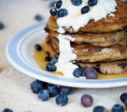 Blueberry Red Fife Wheat Pancakes with Greek Yogurt and Warm Maple Syrup