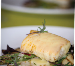 Pan-Roasted Halibut Fillets with Grilled Asparagus, King Oyster Mushrooms and Tidal Bay Beurre Blanc