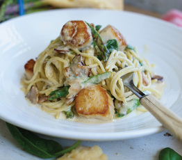 Scallop, Bacon, Asparagus and Spinach Carbonara
