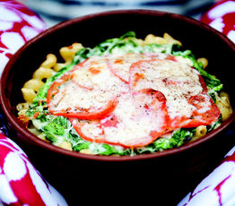 Three-Cheese Pasta Bake with Tomatoes and Spinach