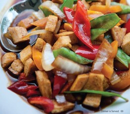 Tofu Saute with Sweet Peppers, Carrots and Snow Peas