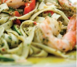 Shrimp Fettuccini with Fresh Basil Pesto and Zucchini