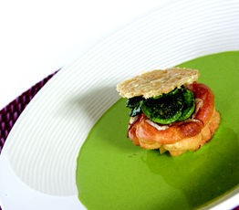 Fiddlehead Soup with Smoked Gouda Souffles