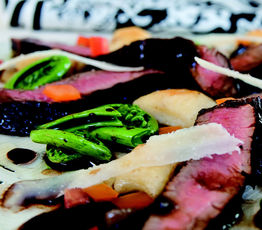 Marinated Flank Steak With Fried Potato Gnocci, Fiddleheads, Balsamic and Pecorino Romano