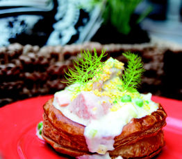 Salmon a la King with Sweet Peas, Leeks and Chopped Egg