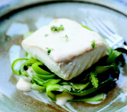 Butter-Roasted Halibut with Asparagus "Noodles" and Beurre Blanc