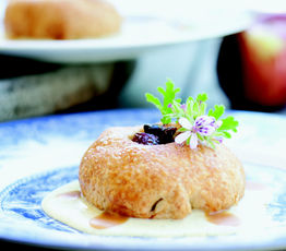 Poutines a Trou (Dumplings with a Hole) with Rum Butter Sauce and Vanilla Bean Creme Anglaise