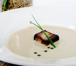 Roasted Parsnip Soup with Slow-Braised Crispy Pork Belly