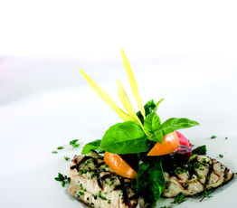 Grilled Spigola (Mediterranean Sea Bass) with Herbed Salad and White Balsamic Vinaigrette