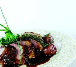 Petto d'Anatra cib Miele e Marsala Duck Breast with Honey and Marsala Glace with Rosemary Roasted Potato and Broccoli and Cauliflower Cheese Flan