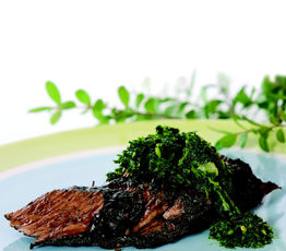 Noisette of Lamb, Moroccan Spice Rubbed, Slow Braised and Topped with Chimichurri