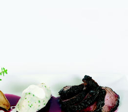 Venison Loin with Juniper, Celeriac and Mascarpone Cheese Puree, Roasted Winter Fruits with Maple Syrup and Thyme