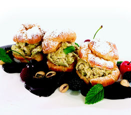 Profiteroles with Pistachio and Lime Gelato and a Caraibe Valrhona Chocolate Puddle