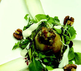 Baked Sugar Pears with Pumpkin, Blue Ermite Cheese, and Toasted Walnut Stuffing