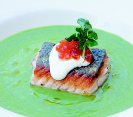 Watercress and Summer Leek Soup with Seared Salmon, Creme Fraiche and Caviar