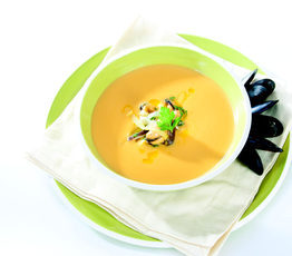 Sweet Potato Soup with Warm Mussel, Shiitake and Winter Leek Salad