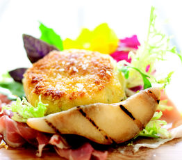 Grilled Pear, Prosciutto and Goat's Cheese Fritter Salad