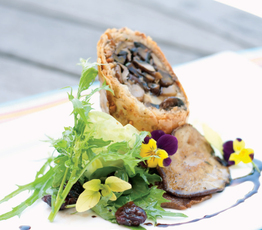 Crispy Seasonal Mushroom and Camembert Strudel with Okanagan Cherry, Hazelnut Oil and Baby Green Salad