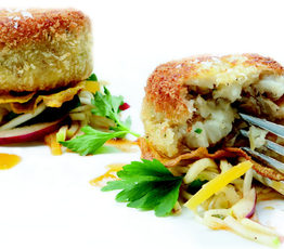 Smoked Haddock Fishcakes with Celery Root, Apple and Golden Beet Salad