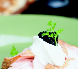 Brown Sugar Glazed Smoked Salmon with Buck-wheat Blinis, Creme Fraiche and Stturgeon Caviar