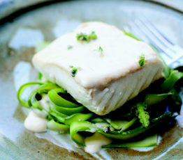 Butter-Roasted Halibut with Asparagus "Noodles" and Beurre Blanc