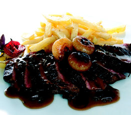 Steak Frites (Grilled Flatiron Steak with Peppercorn Cream Sauce and Crispy Pommes Frites)