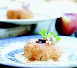 Poutines a Trou (Dumplings with a Hole) with Rum Butter Sauce and Vanilla Bean Creme Anglaise