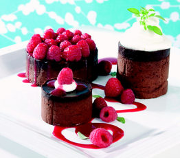"Mini" Chocolate Truffle Cakes with Sauce Framboise and Chantilly Whipped Cream