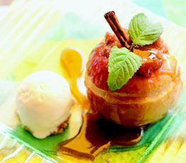 Brioche Bread Pudding Stuffed Apple with Honey Vanilla Ice Cream