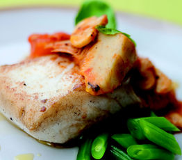 Halibut with Mushrooms, Tomatoes and Artichokes