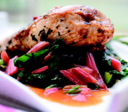 Pan-Seared Breast of Chicken with Braised Ruby Chard and Rhubarb Wine