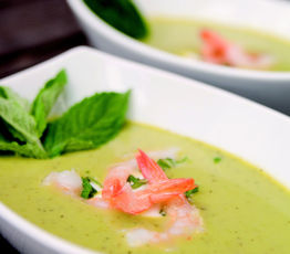 Fresh Pea Soup with Shrimp and Mint