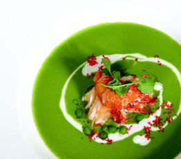 Sweet Pea and Basil Soup with Butter-Poached Lobster and Creme Fraiche