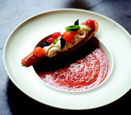  Field Tomato and Basil Soup with a Cherry Tomato Confit and Ricotta Crouton