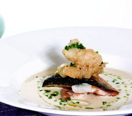 Reisling-braised Leek and Chive Olive Oil Chowder with Pan-fried Mackerel and Tempura Oysters