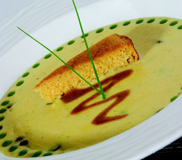 Corn "Off the Cob" Soup with Smokehaus Bacon, Chipotle Ceram and Browned-Butter Cornbread