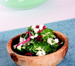 Baby Spinach Salad with Maple-Spiced Pecans, Goat's Cheese, Pickled Red Onions and Honey Buttermilk Dressing