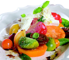 Heirloom Tomato Salad with Bocconcini, Basil, Aged Balsamic Vinegar and Olive Oil