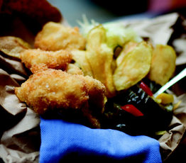 Fish 'n' Chips (Fried Cod Cheecks with Fingerling Potato Crisps and Anise Slaw)