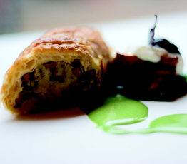 Chanterelle Mushroom Strudel with Spinach Sauce and Greek Yogurt