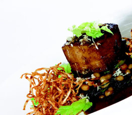 Brown Sugar -braised Bacon with Navy Bean, Kale, Celery and Horseradish Ragout